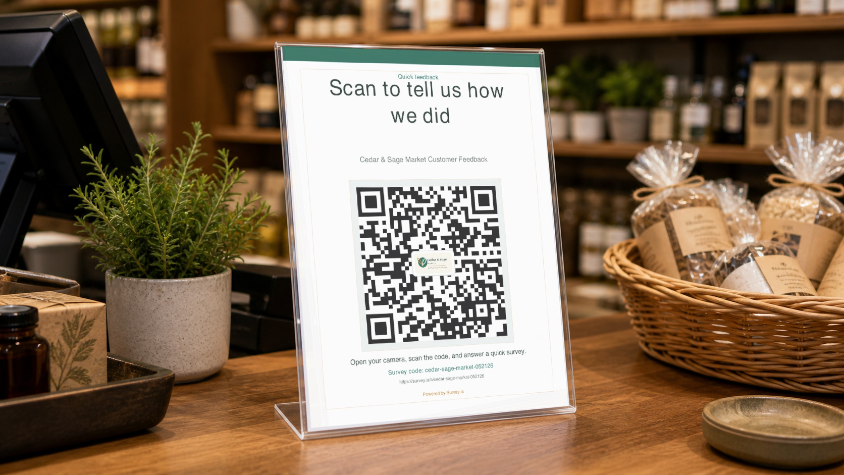 In-store counter sign showing a Survey.is QR-code PDF in an acrylic holder.